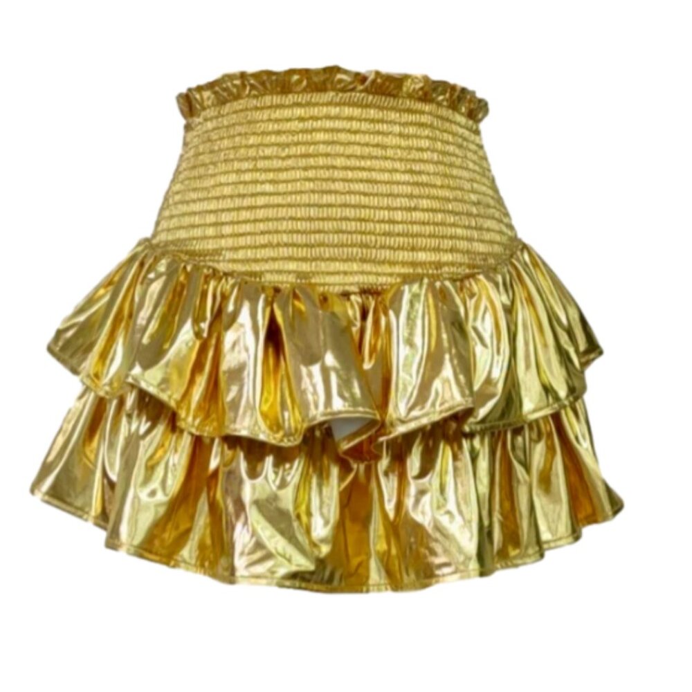 QUEEN OF SPARKLES / GOLD METALLIC SMOCKED RUFFLE SKORT size small